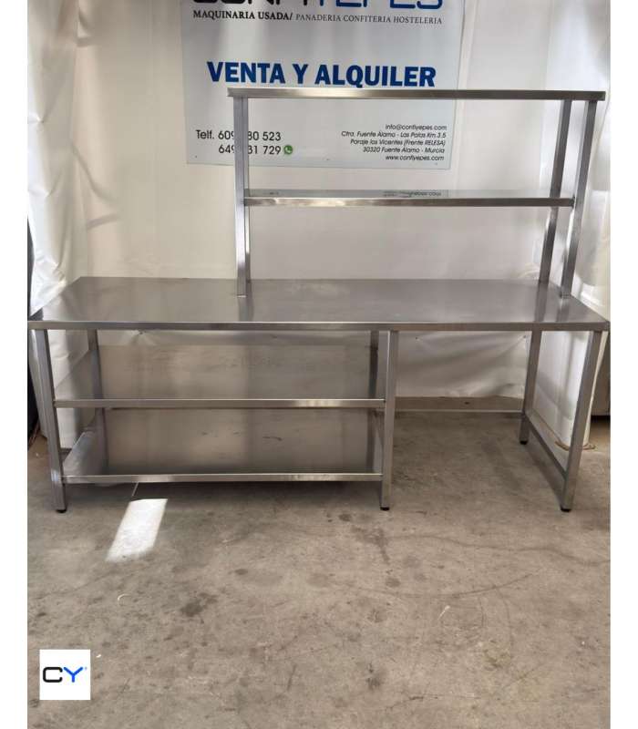 MESA CON PLATERA + ESTANTES  ACERO INOX