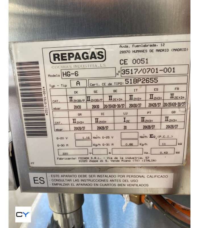 HORNO 6 BANDEJAS GN1/1 A GAS REPAGAS + SOPORTE